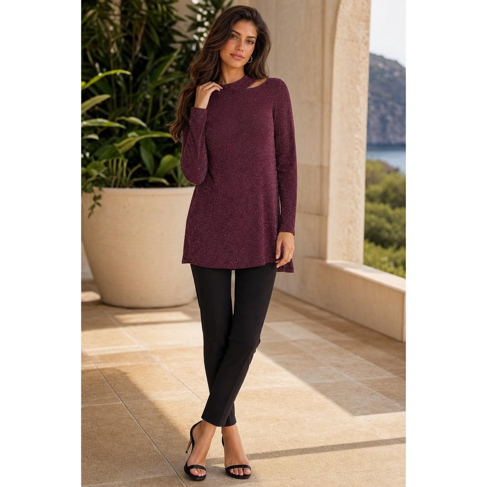 Susan Graver Occasions Top Women's XL Burgundy Silver Sparkle Cutout Party